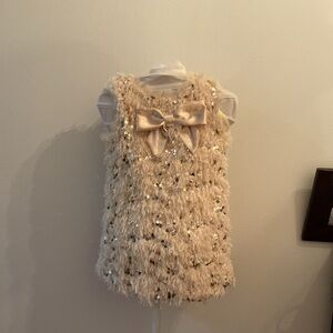 Girls Ivory Sequin Fringe Dress with Satin Bow – Size (Add Size)